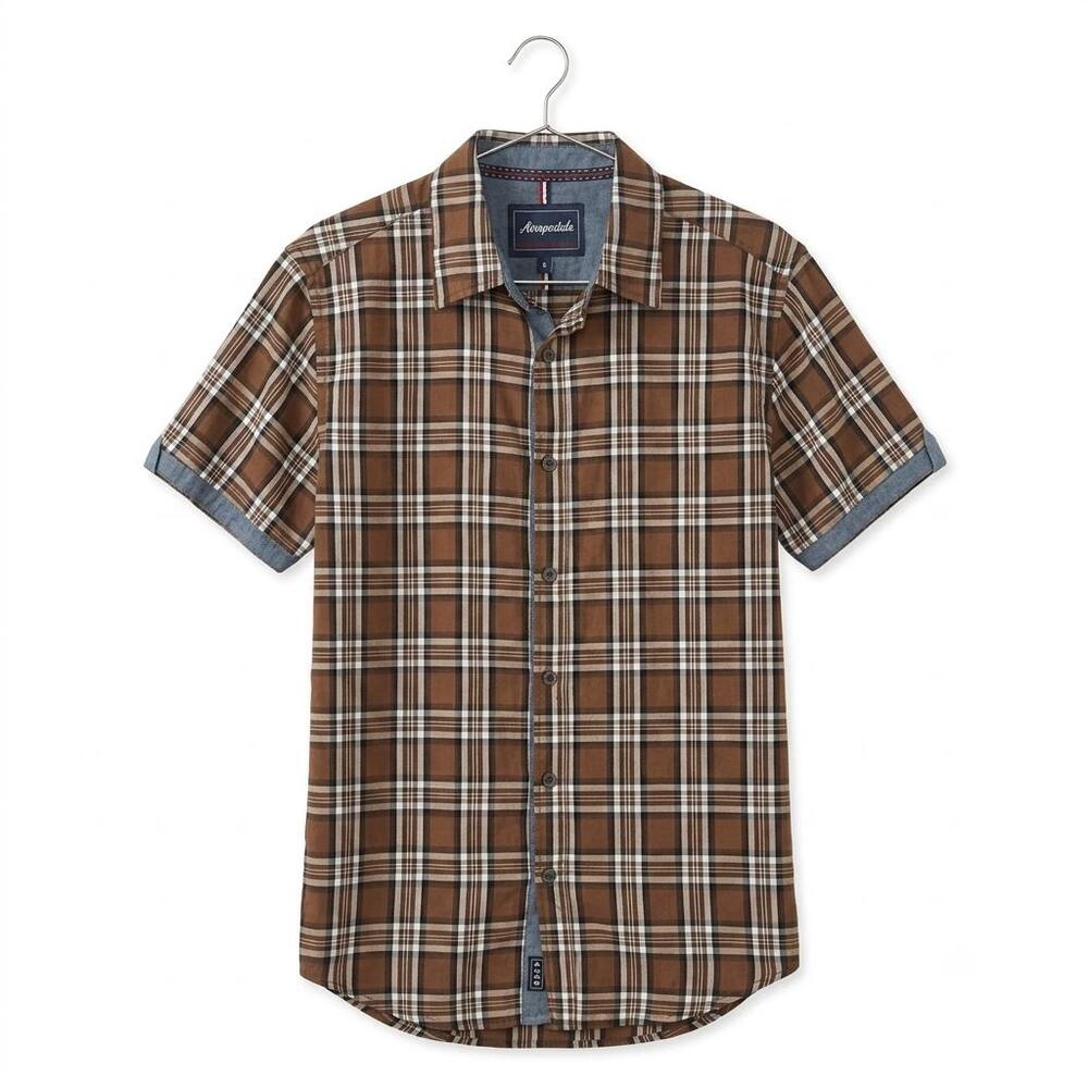 Aeropostale Brown & White Plaid Short Sleeve Shirt Chambray Trim Cuffs